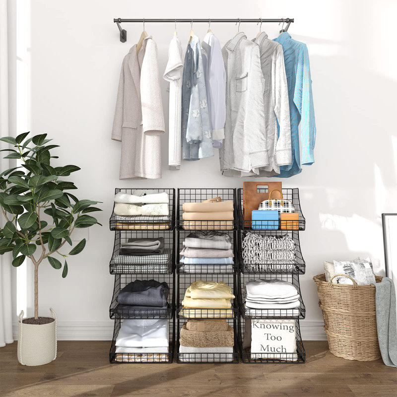 Rebrilliant 4 Pack Stackable Wire Baskets For Closet Organizers And Storage Open Storage Bins For Clothes Toys And Snacks Rustic Metal Closet Organizers And Storage Shelves In Black Wayfair